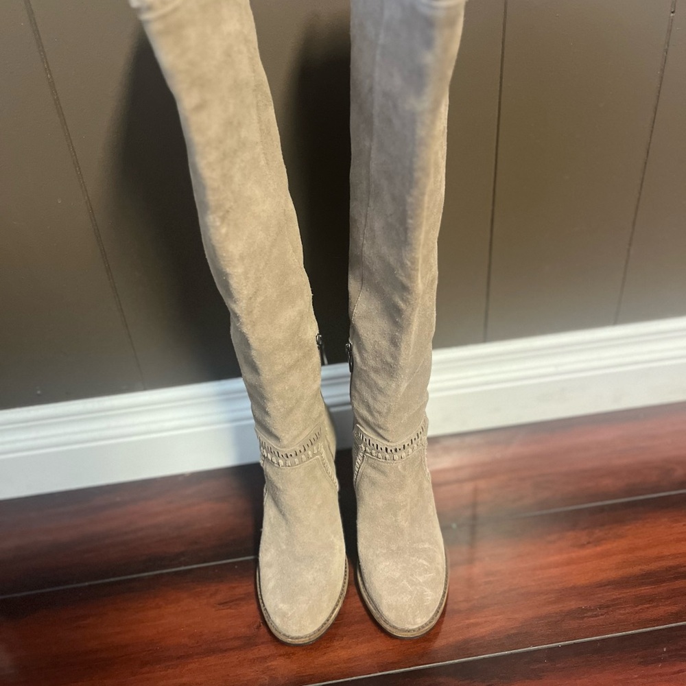 Vince Camuto suede, over the knee, tan heeled boots